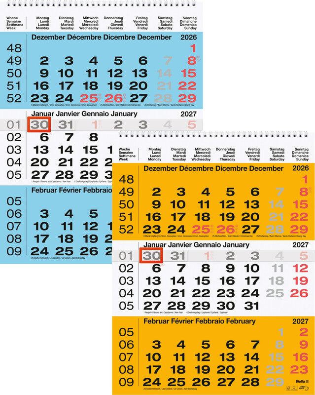 Biella 3-Monats-Kalender – 3 Monate pro Blatt – viersprachig D/F/I/GB – 2027 – Datumsschieber – 31 × 40 cm