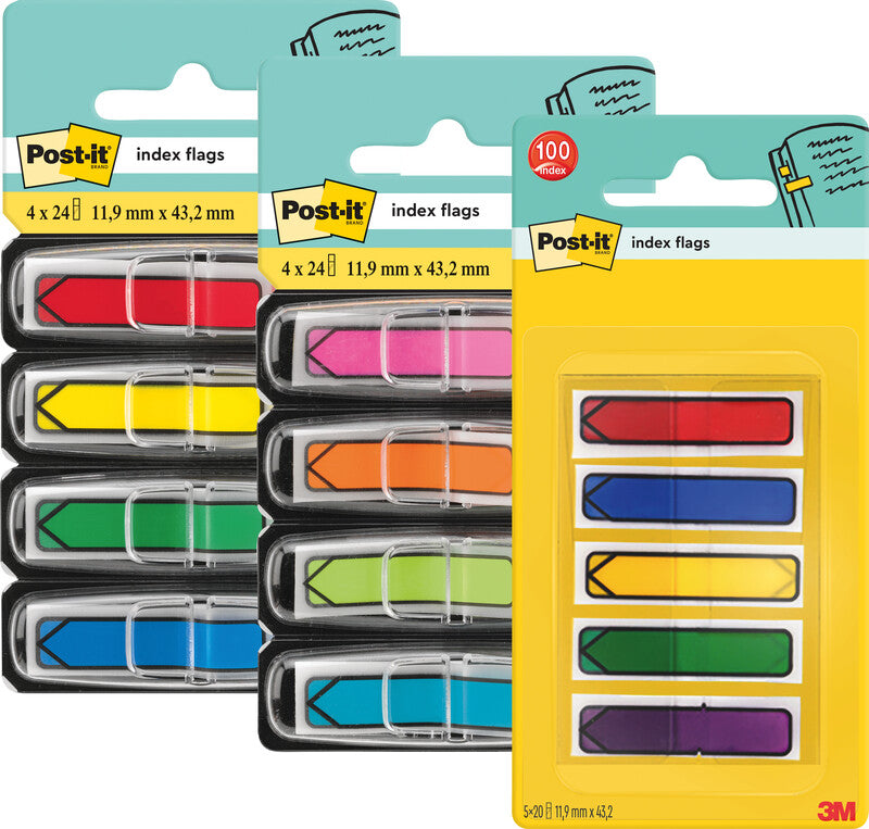 Post-it Indexstreifen – 11,9×43,2 mm – sortiert, 4×24 Stück, mit Dispenser, Pfeil