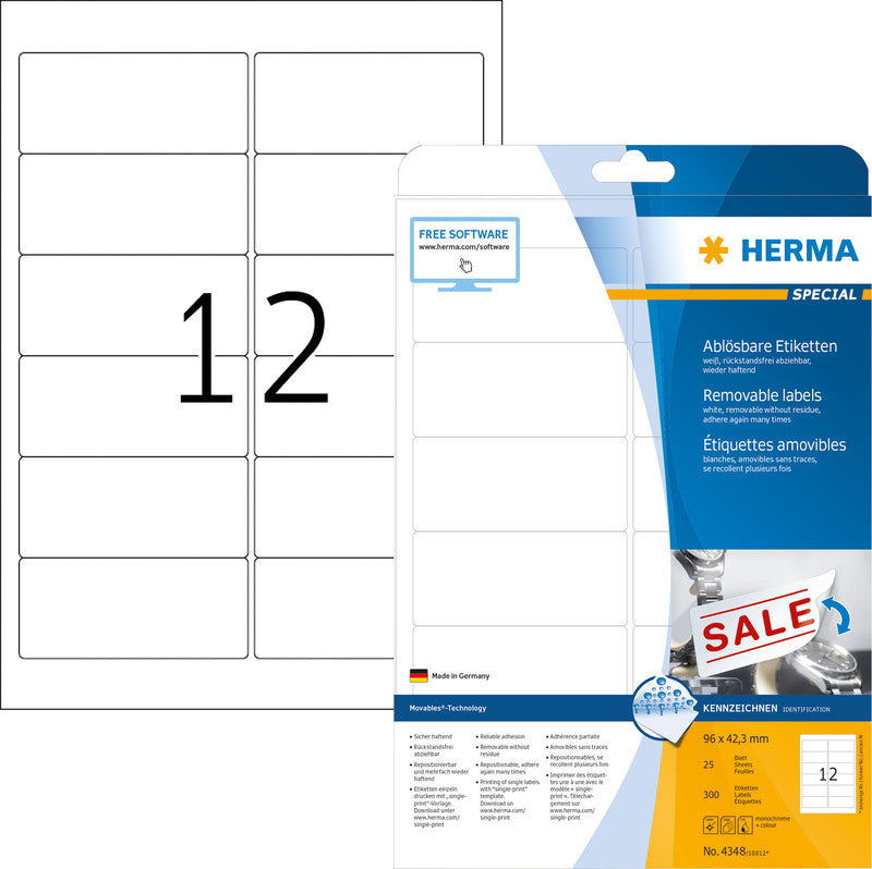 HERMA Drucketiketten, 96 mm × 42 mm, weiss, Papier, ablösbar, 25 Blätter (300 Etiketten)