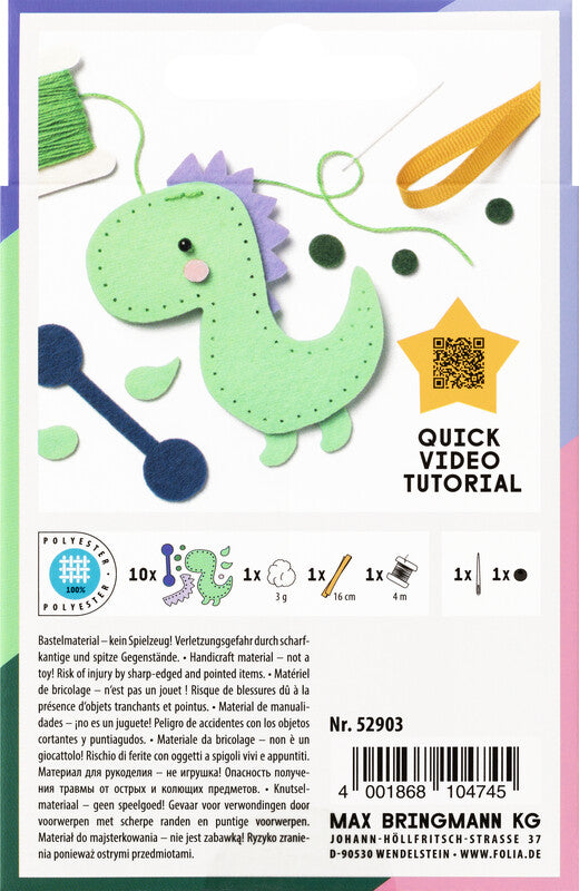 Folia Filzinies – Bastelset – Dinosaurier – 12-teilig – Ab 8 Jahren – Filz