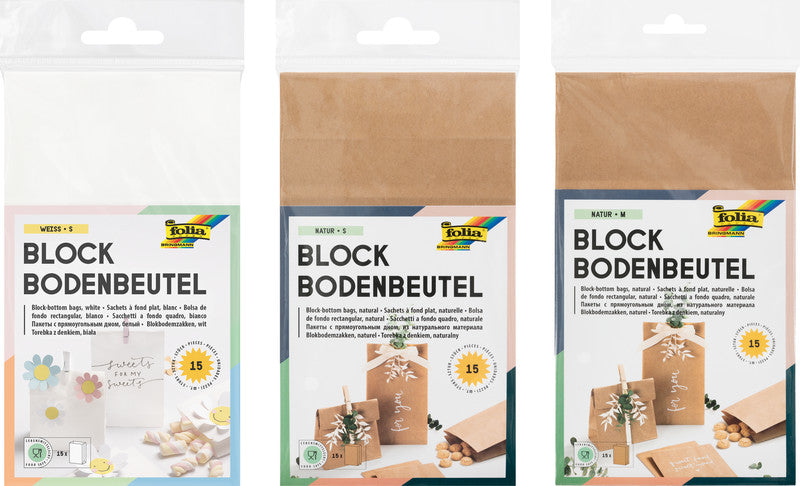 Folia Blockbodenbeutel – Papier, lebensmittelecht, FSC-zertifiziert – 100 × 175 × 55 mm – 15 Stk., Weiss