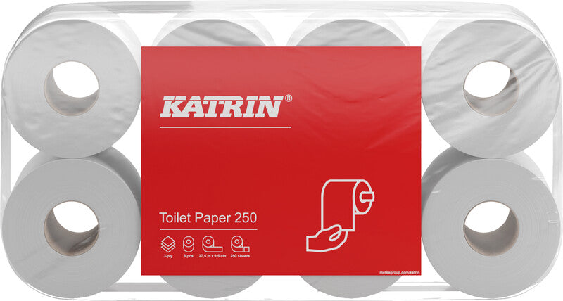 Katrin Toilettenpapier – Recycling, 3-lagig, Weiss, 250 Blatt/Rolle, 110 × 95 mm – 8 Rollen