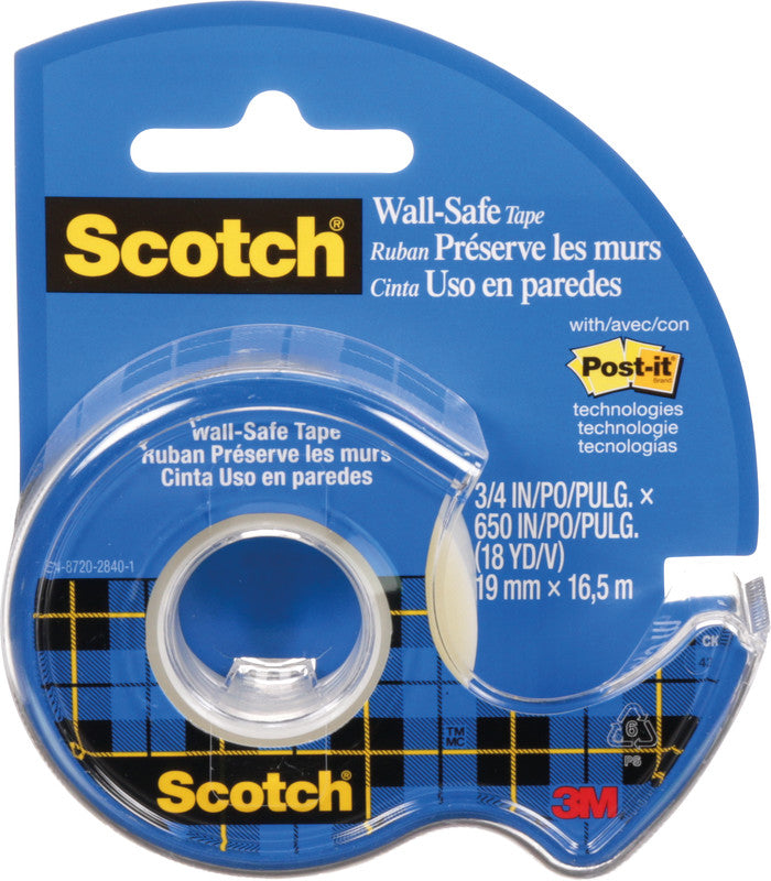 Scotch Büro-Klebeband Wall-Safe – mit Abroller – wiederablösbar, matt, Kunststoff, 19 mm × 16,5 m, transparent