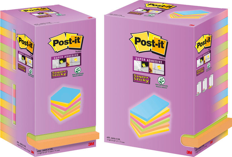 3M Post-it Haftnotizen Super Sticky – 76×76 mm – sortiert, 16×90 Blatt, PEFC