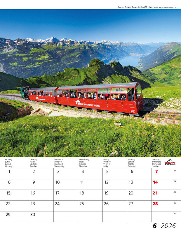 Calendaria Bildkalender Berge und Täler der Schweiz 2026 – 30 × 40 cm – mit Tagesfeldern, mit Aufhänger