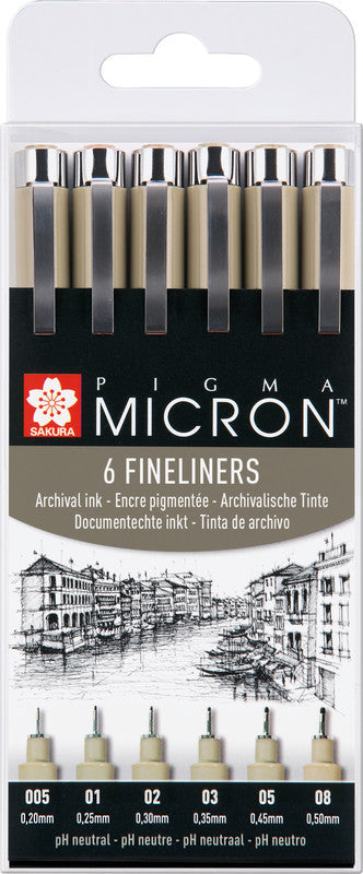 Sakura Pigma Micron Fineliner – 6er-Set – Schwarz – Wasserfest