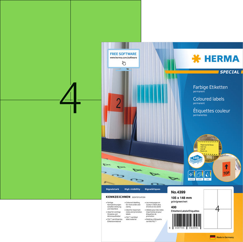 HERMA Drucketiketten, 105 mm × 148 mm, grün, Papier, permanent, 100 Blatt (400 Etiketten)