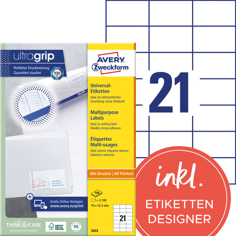 Avery Druckeretiketten, 70 mm × 42 mm, weiss, Papier, permanent, 2100 Etiketten (100 Blatt)