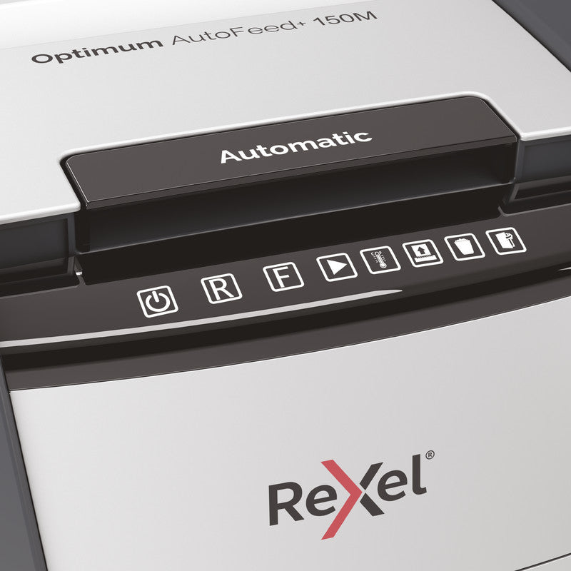 Rexel Optimum AutoFeed+ 150M – Aktenvernichter mit Autofeed 150 Blatt, DIN P-5, Mikroschnitt 2 × 15 mm, 44 l