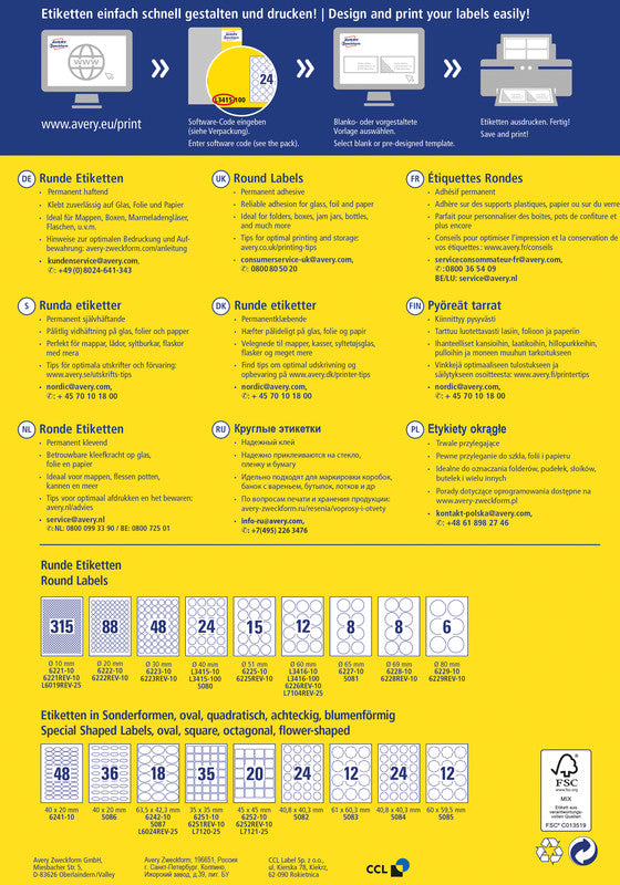 Avery L3415-100 – Markierungspunkte Ø 40 mm – 24 pro Blatt, 100 Blätter (2'400 Stk.) – Papier – permanent haftend