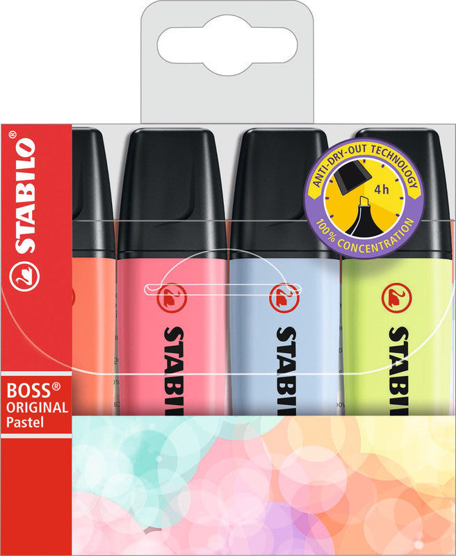 STABILO BOSS Original Textmarker Set 4 Pastellfarben – Keilspitze, 2–5 mm