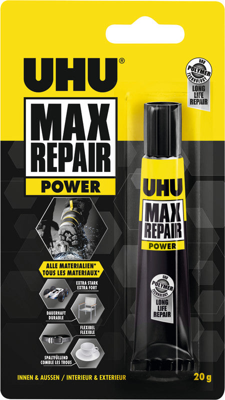 UHU Max Repair Power Kraftkleber – permanent, transparent, lösemittelfrei, wasserfest, 20 g, für Reparaturen