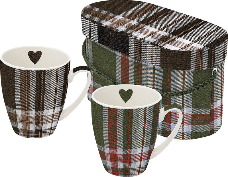 Ppd Trend X-Mas Classics Check Tasse – 0,35 l, Porzellan, Grün/Braun, Spülmaschinengeeignet, 2 Stück