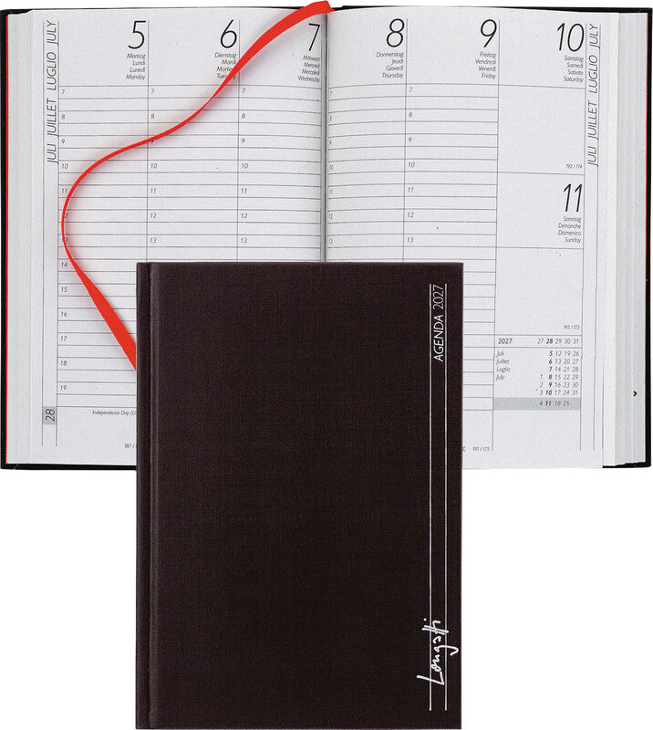 Biella LONGATTI Agenda – 1 Woche/2 Seiten, Gebunden, 10,4 × 14,8 cm, 2026, Mehrsprachig, Schwarz