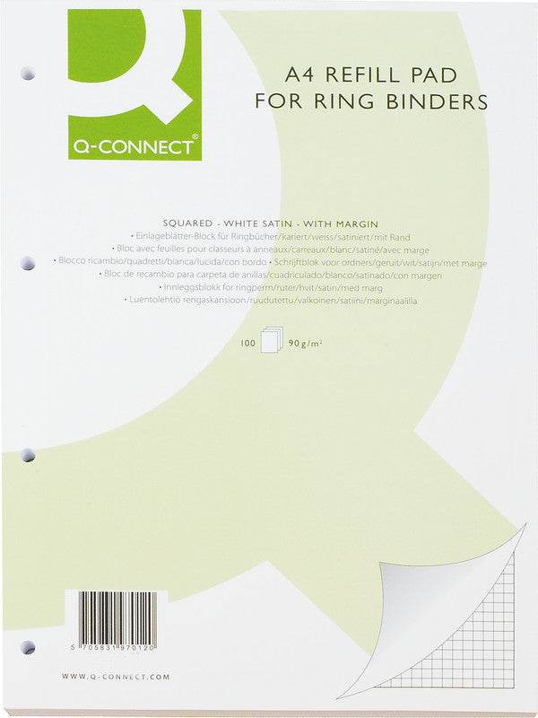 Q-connect Ringbuchblock A4, kariert, Leimbindung, 100 Blatt, 4-fach gelocht, 90 g/m² – weiss
