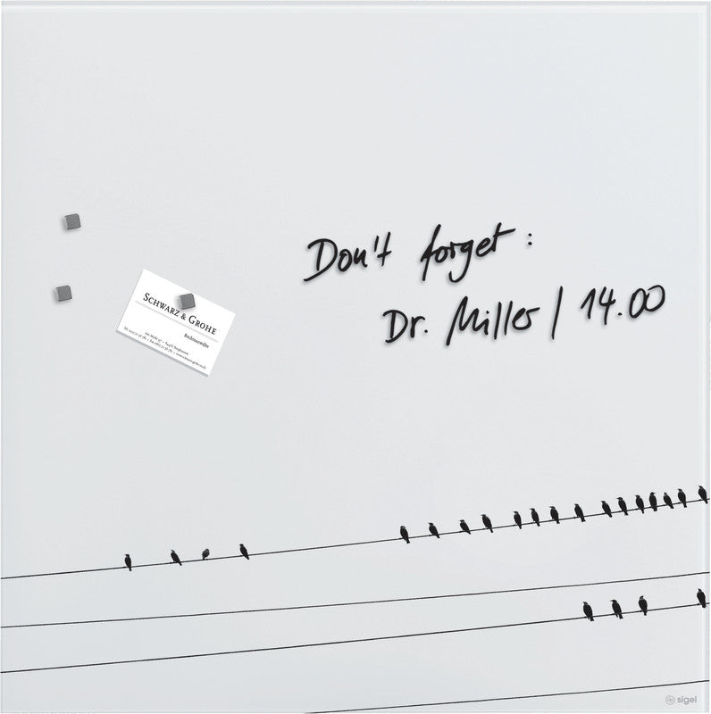 Sigel Whiteboard – 48 × 48 cm, Glas, matt, magnetisch, Wandmontage, inkl. Magnetwürfel, Montagesatz