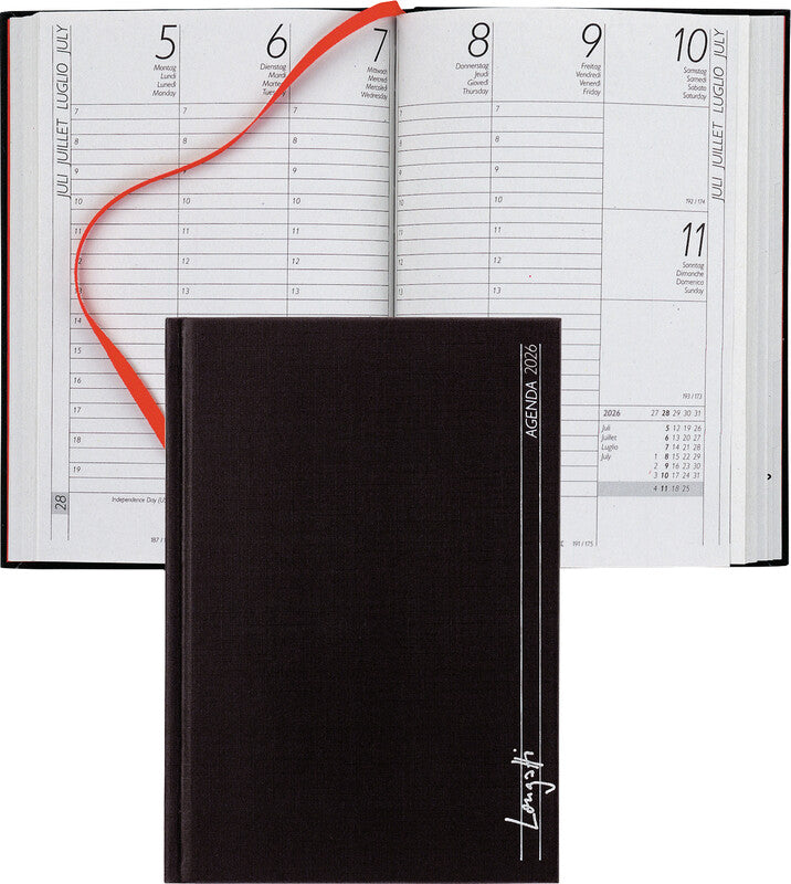 Biella LONGATTI Agenda – 1 Woche/2 Seiten, Gebunden, 10,4 × 14,8 cm, 2026, Mehrsprachig, Schwarz