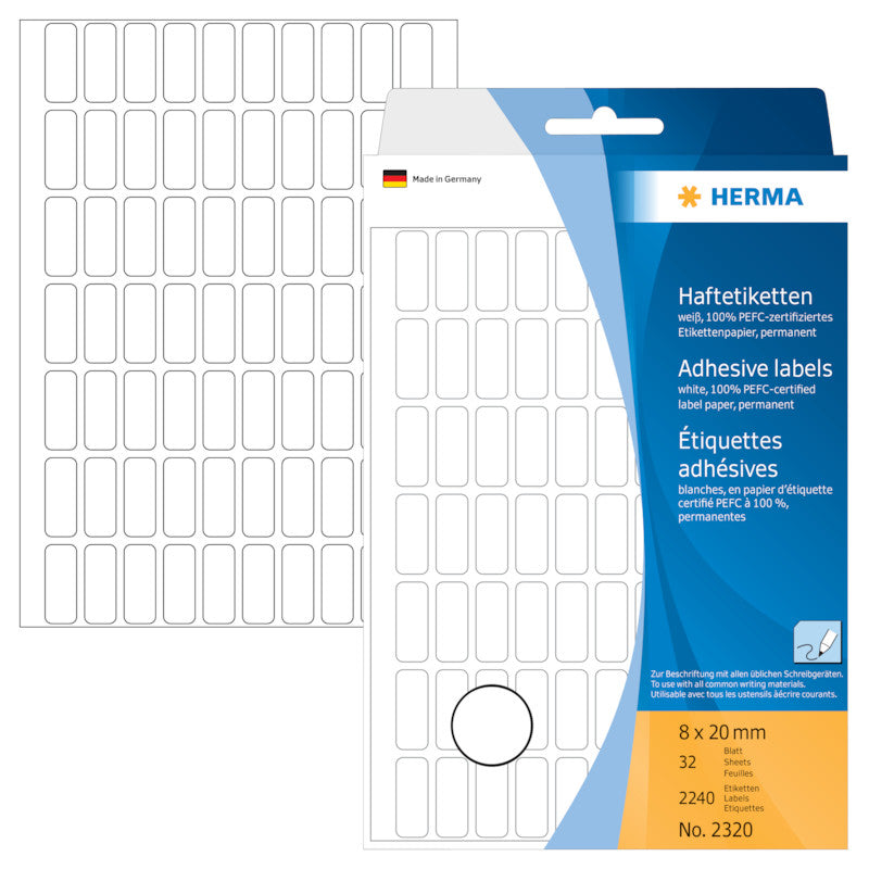 HERMA Haftetiketten – Abgerundetes Rechteck 8 × 20 mm, Stark haftend, Weiss, 32 Blatt (2'240 Stk.)