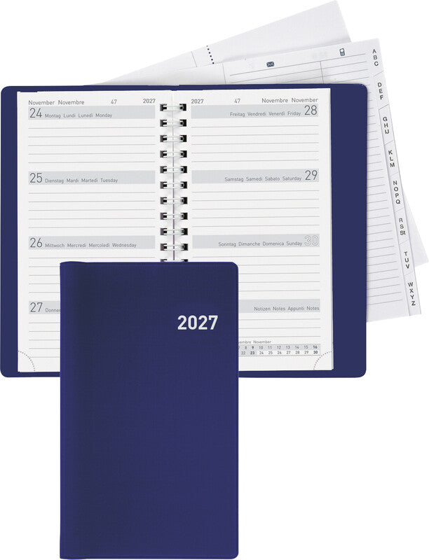 Biella Brüssel Agenda – 1 Woche/2 Seiten, Spiralbindung, 8,5 × 15,3 cm, Jan–Dez 2026, Dunkelblau, FSC