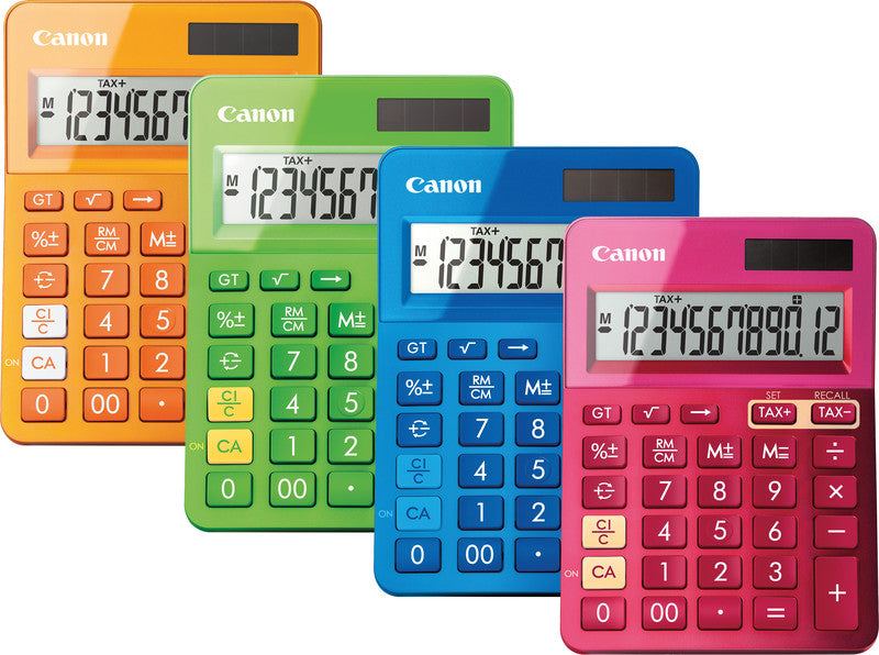 Canon Tischrechner LS-123K – 12-stellig, angewinkeltes LCD, Prozent/Korrektur, Solar + Batterie, pink