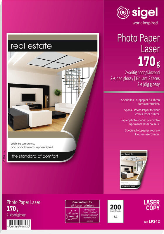 Sigel Fotopapier – hochglänzend, A4, 170 g/m², 200 Blatt, beidseitig – für Laserdrucker und Kopierer