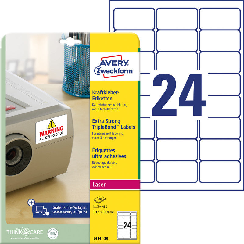 Avery Druckeretiketten, 64 mm × 34 mm, weiss, Folie, extra stark, 480 Etiketten (20 Blatt)