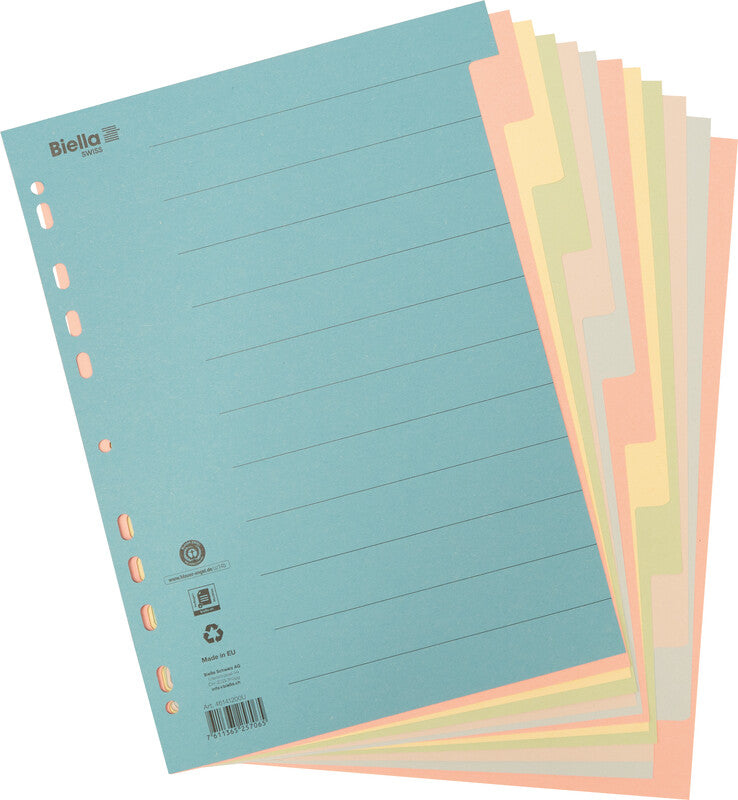 Biella Register – A4, 12-teilig, Karton, farbig, unbedruckt, mit Indexblatt, 11-fach Lochung