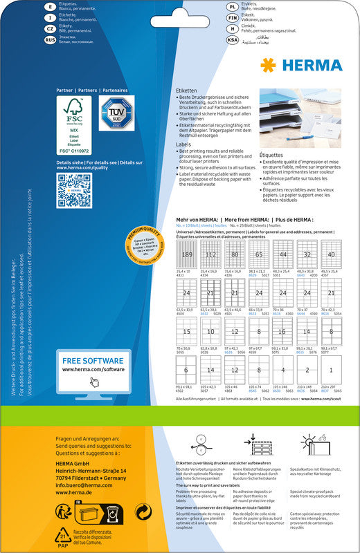 HERMA A4-Etiketten, 105 mm × 74 mm, weiss, Papier, permanent, 25 Blatt (200 Etiketten)