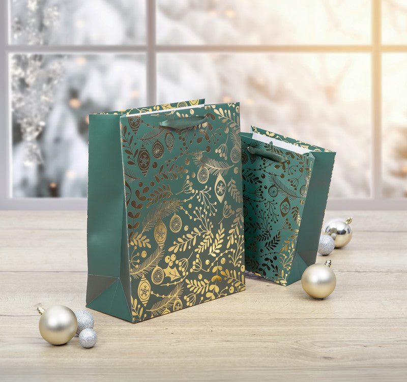 Sigel Geschenktasche – Goldornamente auf Grün – Kraftpapier – 180 × 230 × 100 mm