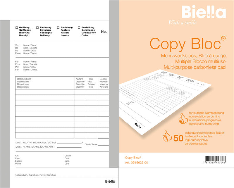 Biella Formularblock – mehrsprachig, 50 Blatt, A5