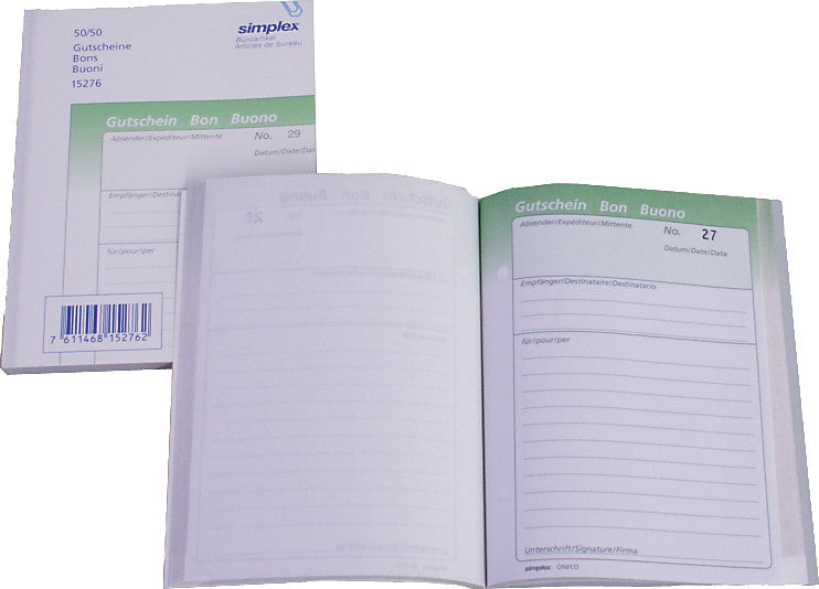 Simplex Formularblock – Gutscheine, mehrsprachig, 100 Blatt, A6