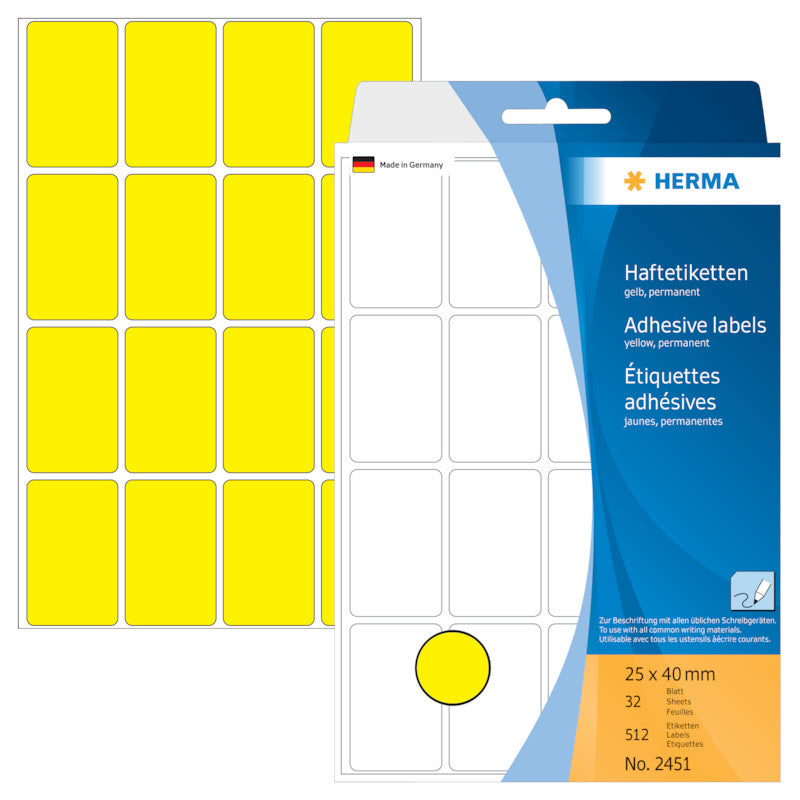 HERMA Schuletiketten – 25×40 mm, Abgerundete Ecken, 512 Stk, 32 Bogen, Papier, Permanent Haftend
