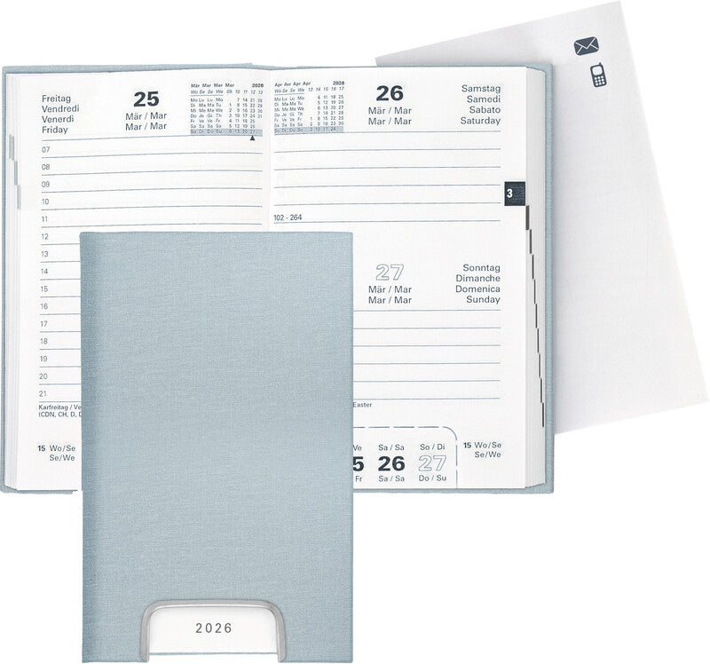 Biella Disponent Agenda – 1 Tag pro Seite, gebunden, 10,1 × 16 cm, 2026, 1-Stunden-Takt, hellblau, FSC