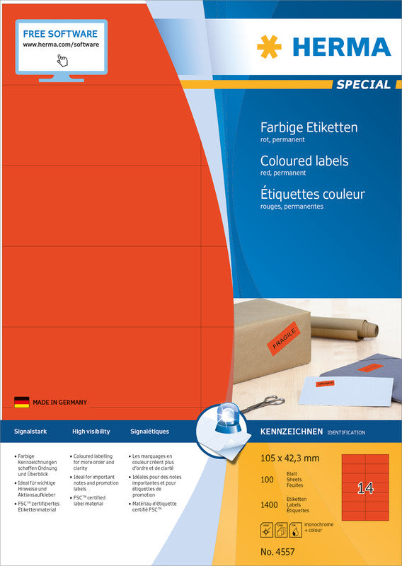 HERMA 4557 – Etiketten A4 105 × 42 mm – Papier, matt, rot – permanent haftend – Laser/Inkjet – 100 Blätter