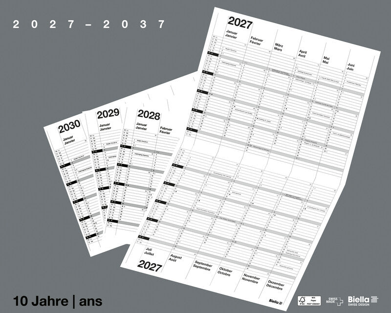 Biella 10-Jahres-Kalender – zweisprachig D/F – 2026–2036 – 30 × 24 cm