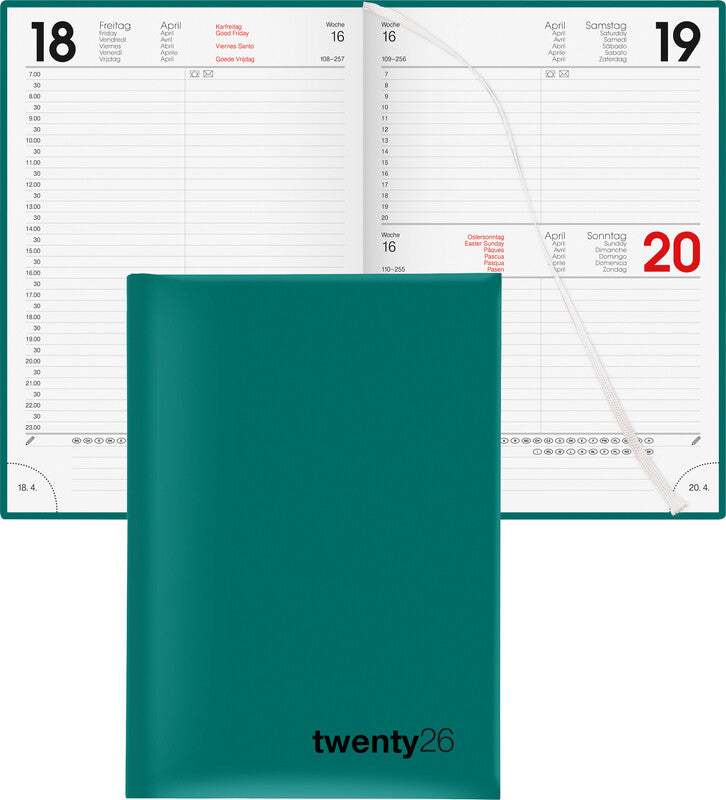 Biella Bunte Agenda – 1 Tag pro Seite, gebunden, 14,5 × 20,5 cm, 2026, 1/2-Stunden-Takt, Petrol, FSC
