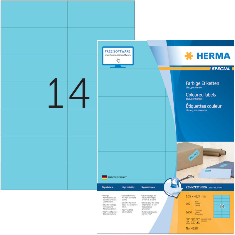 HERMA 4558 – Etiketten A4 105 × 42,3 mm – Papier, blau – permanent haftend – Laser/Inkjet