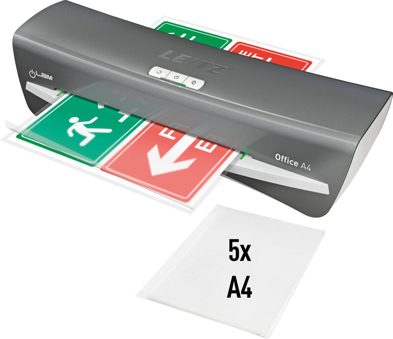Leitz iLAM Office Laminiergerät A4 – 2-Rollen, 75–125 µm, 1 Min. Aufheizzeit, 500 mm/min, Silber
