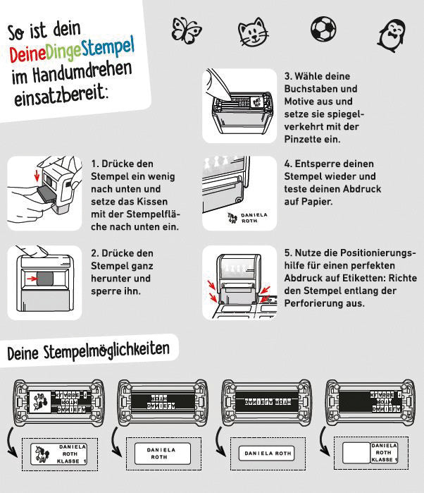 Trodat Motivstempel – Deine Dinge, selbstfärbend, 8 Motive, schwarz, deutsch
