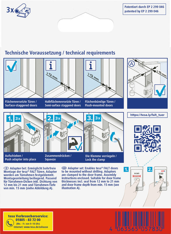 tesa Klemmadapter-Set – für Fliegengitter, faltbar, Türen – 3er-Set – Anthrazit