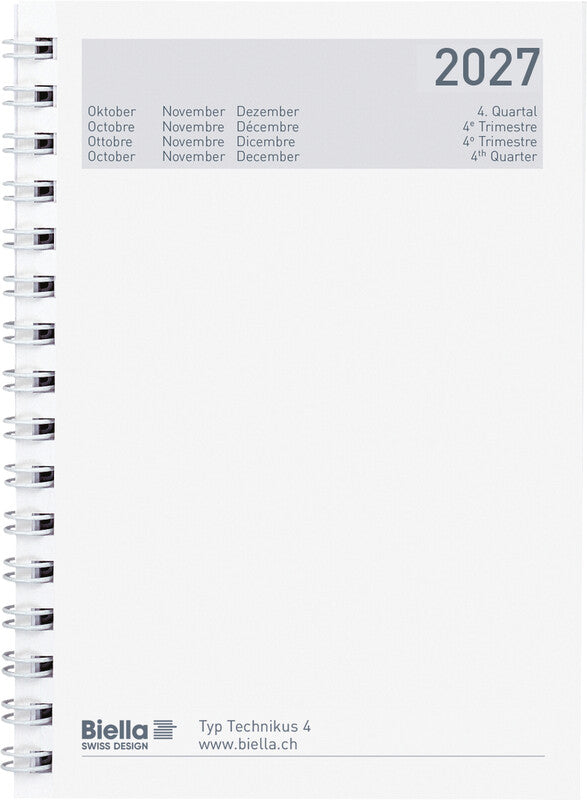 Biella Technikus 4 Agenda – 1 Tag pro Seite, Spiralbindung, 10,1 × 14,2 cm, 2026, 1-h-Takt, Schwarz, FSC