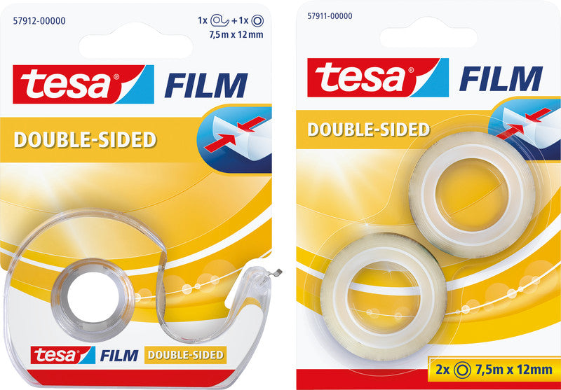 TESA Doppelseitiges Klebeband – mit Abroller – permanent, klar, Kunststoff, 12 mm × 7,5 m, Kern Ø 26 mm