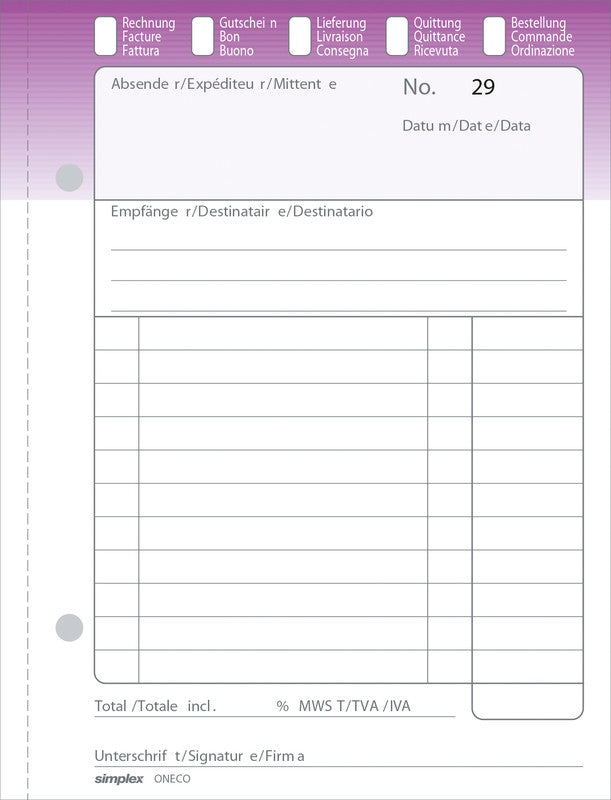 Simplex Formularblock – mehrsprachig, 50 Blatt, A5