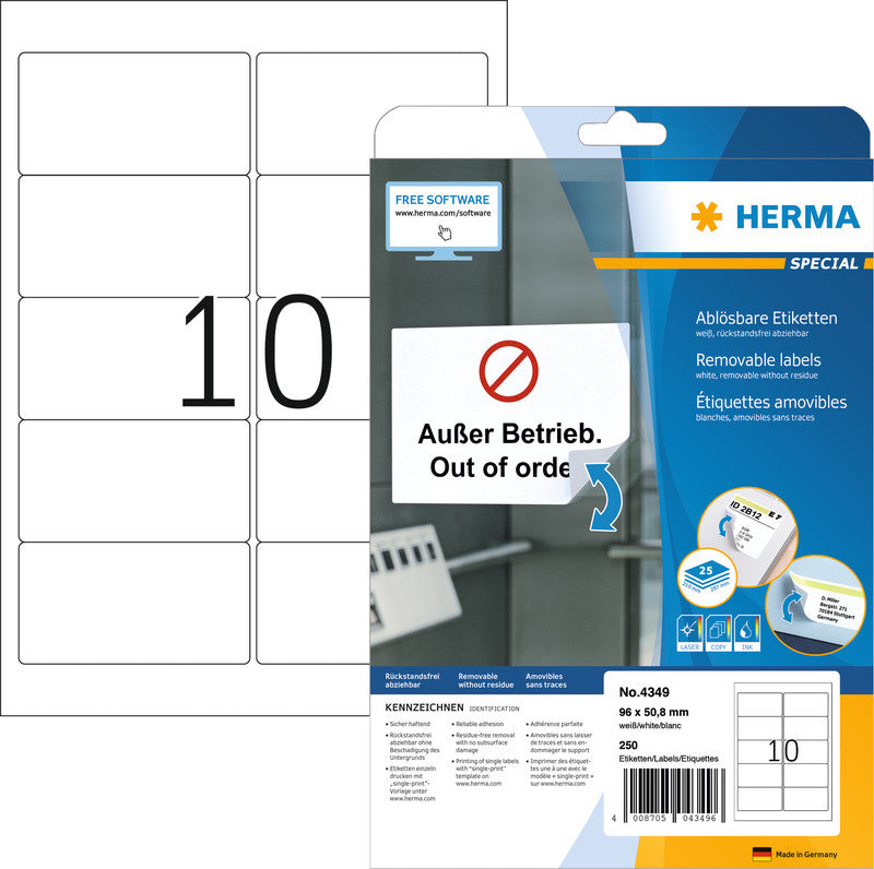 HERMA Special – Etiketten A4 96 × 50,8 mm – Papier, matt – wiederablösbar – Laser/Inkjet – 10 pro Blatt, 25 Blätter