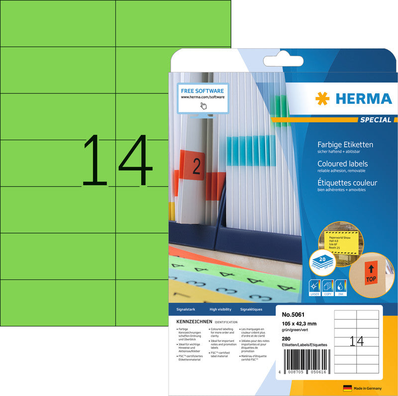 HERMA Druckeretiketten, 105 mm × 42 mm, grün, Papier, wiederablösbar, 280 Etiketten (20 Blatt)