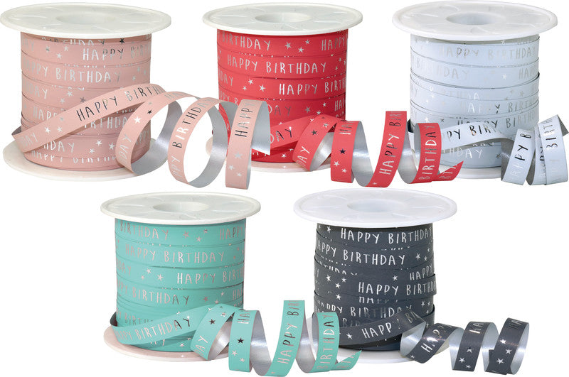 Präsent Geschenkband – Happy Birthday – recyclingfähig, Kunststoff – 10 mm × 100 m – grau