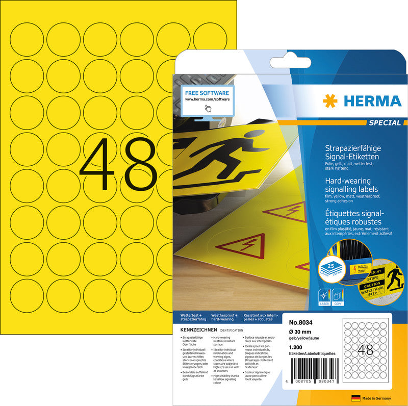 HERMA Etiketten A4 Ø 30 mm – Folie, matt, gelb – extra stark – Laser – 48/Blatt, 25 Blätter (1'200 Stk.)