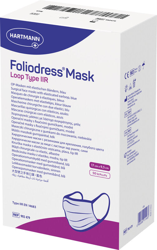 Hartmann Medizinmaske, Foliodress Mask Comfort Loop, Typ IIR, Blau, 170 × 95 mm – 50 Stück