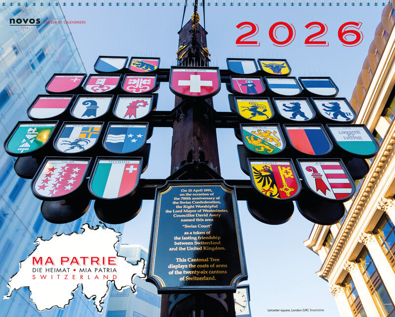Novos Bildkalender Schweiz 2026 – 25,5 × 20,5 cm – 2 Wochen pro Blatt – mit Aufhänger, mit Kartonrückwand