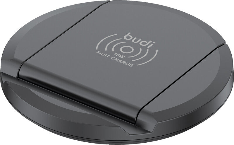 Budi Wireless Fast Charger 2-in-1 Ladeständer – 15 W/2,5 W – faltbar – für Smartphone und AirPods – Schwarz